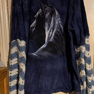 Navy Horse Graphic Shirt w-Wide Crocheted Sleeves/UPCYLCLED by URBAN OUTFITTERS